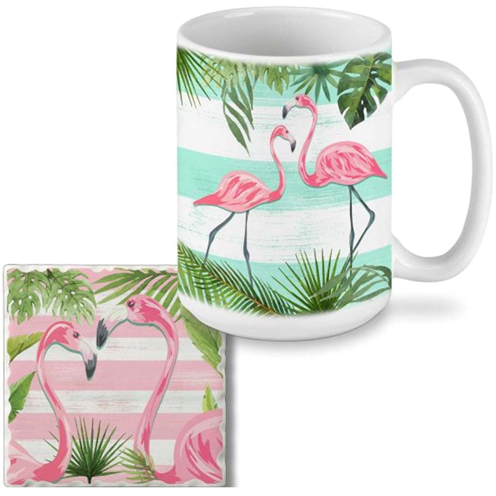 Mug &amp; Coaster Gift Set Flamingo Stripe