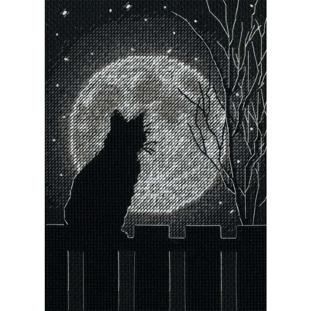 Black Moon Cat Counted Cross Stitch Kit 5in x 7in