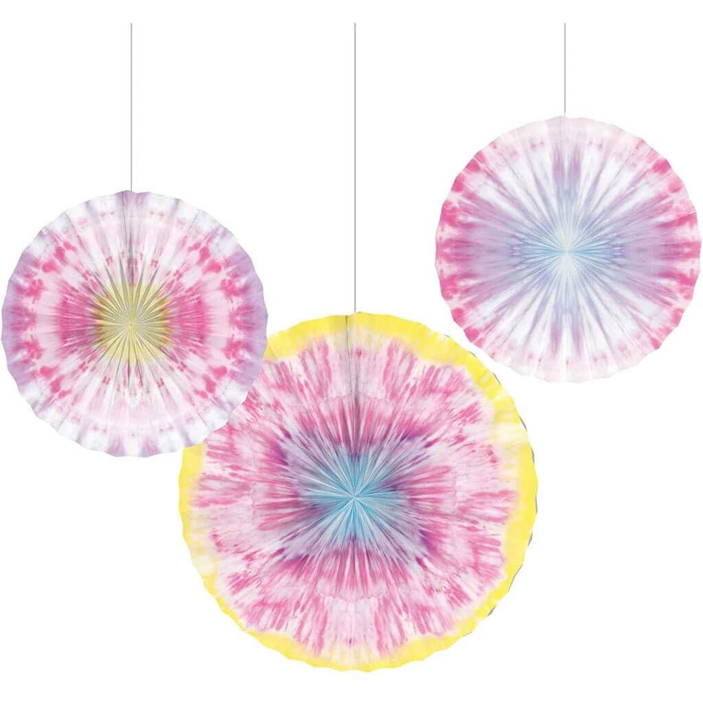 Tie Dye Party Paper Fans, 16in, 12in, 10in