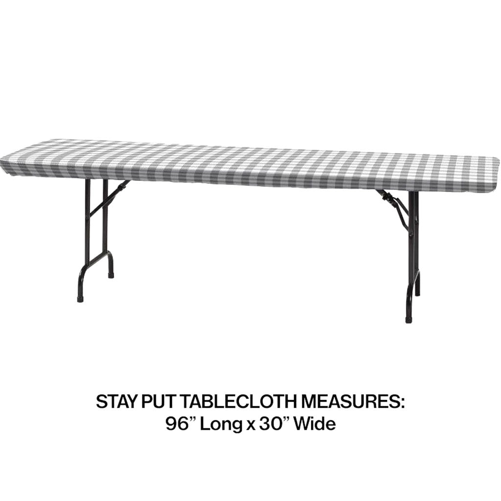 Plastic Tablecover, Stay Put, 30in X 96in Gray And White Check