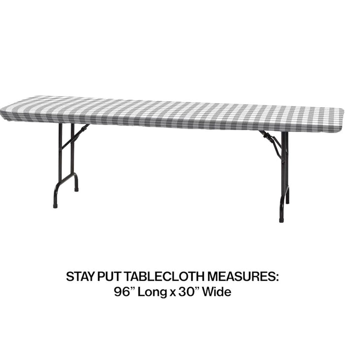 Plastic Tablecover, Stay Put, 30in X 96in Gray And White Check