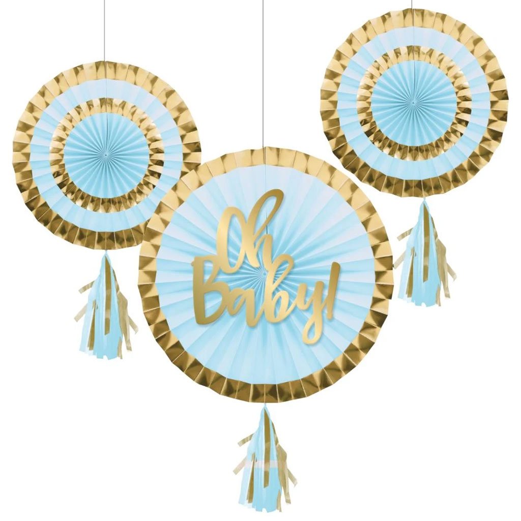 Blue Paper Fans With Tassels, 12in and 8in