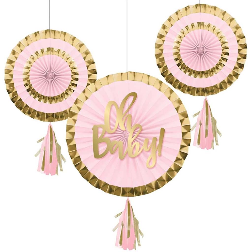 Pink Paper Fans With Tassels, 12in and 8in