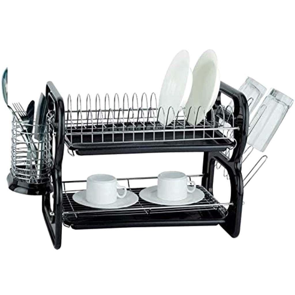 Plastic &amp; Chrome 2 Tier Dish Rack 22in Black