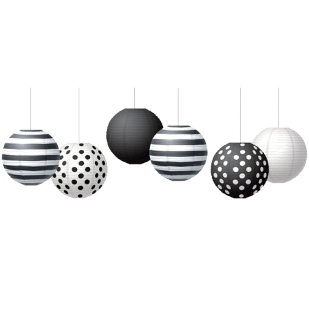 Black &amp; White 8in Hanging Paper Lanterns