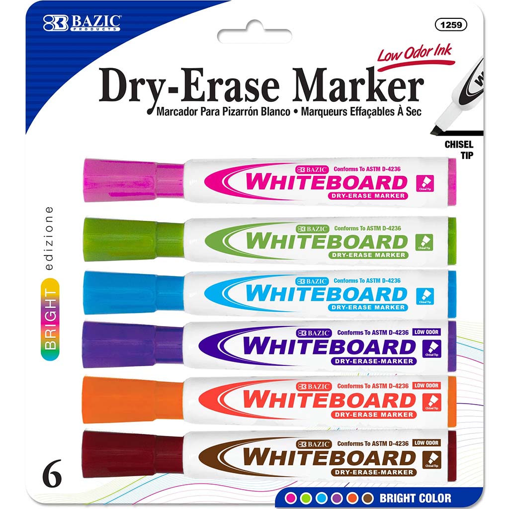 Bazic Chisel Tip Bright Color Dry-Erase Markers Pack of 6