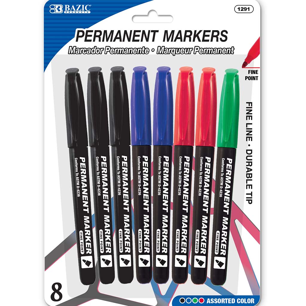 Bazic Fine Tip Assorted Color Permanent Markers with Pocket Clip Pack of 8