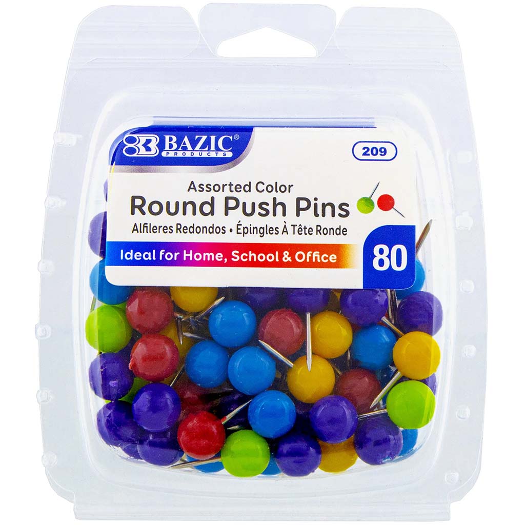 Bazic Push Pins Round Assorted Color Pack of 80