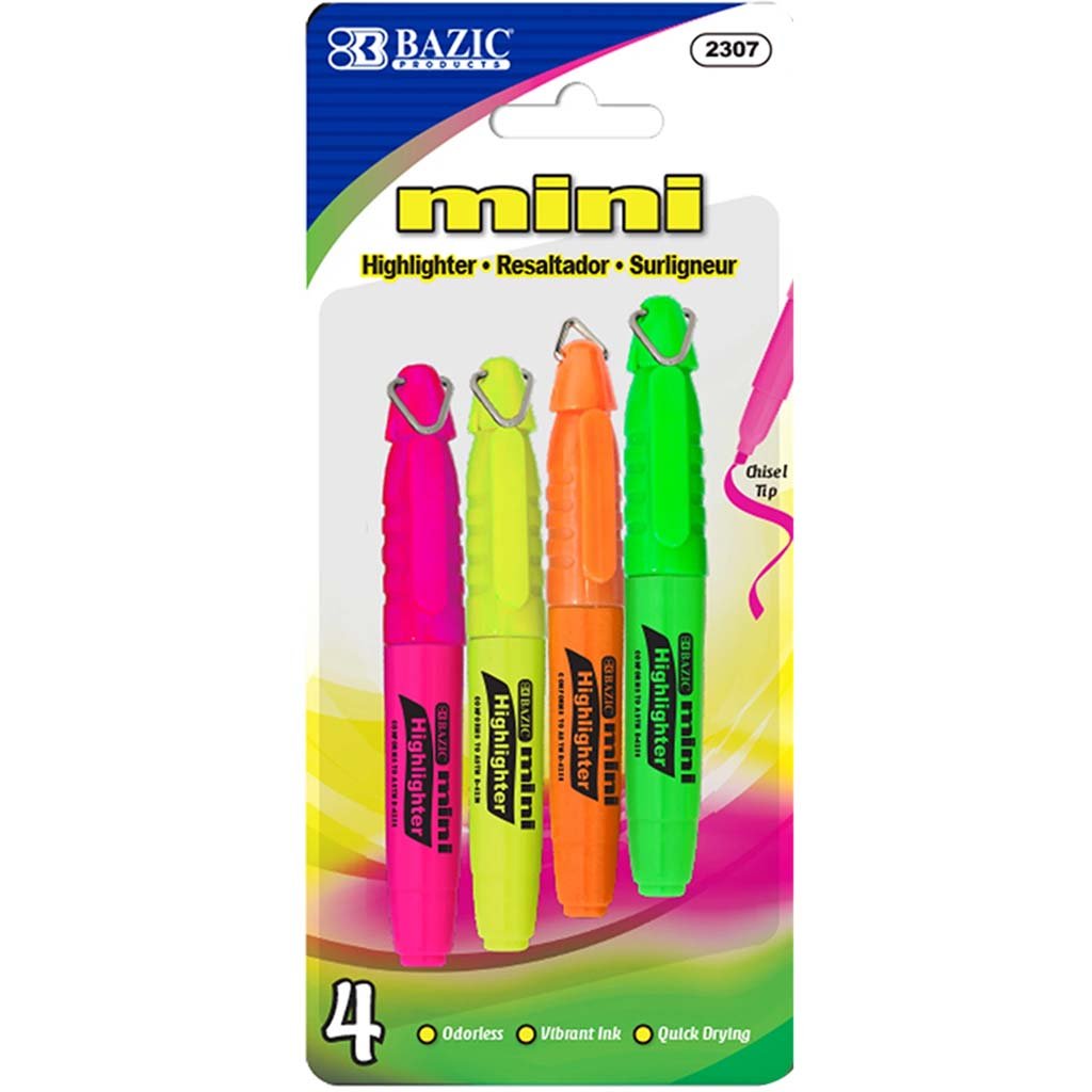 Bazic Mini Fluorescent Highlighter with Cap Clip Pack of 4