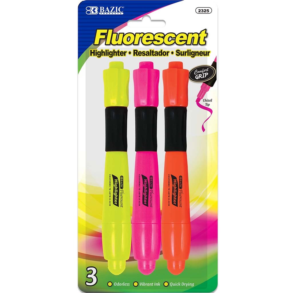 Bazic Desk Style Fluorescent Highlighters with Cushion Grip Pack of 3