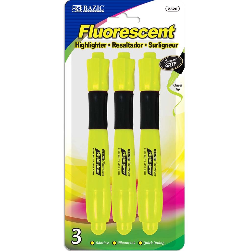 Bazic Desk Style Fluorescent Highlighters with Cushion Grip Yellow Pack of 3