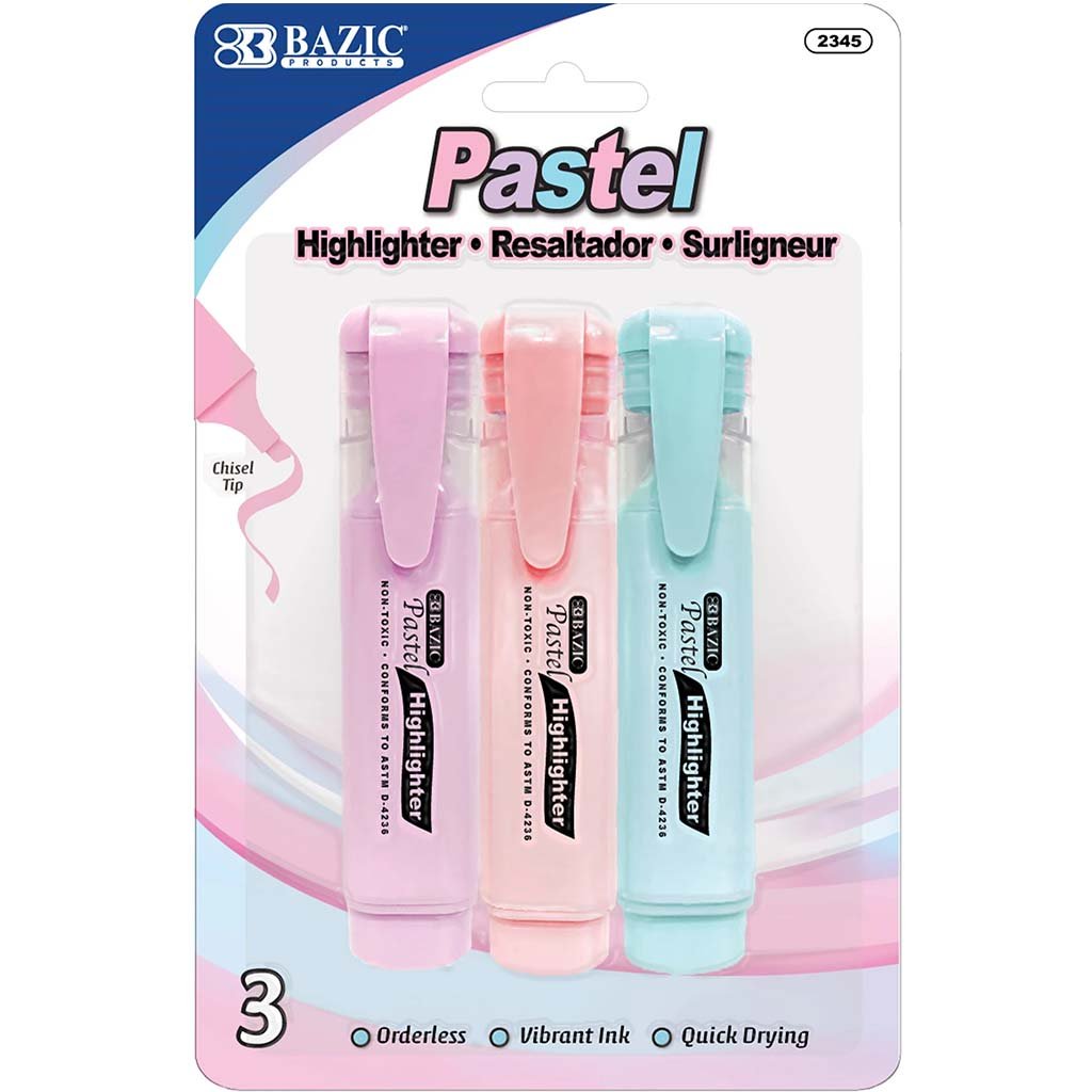 Bazic Pastel Highlighters with Pocket Clip Pack of 3