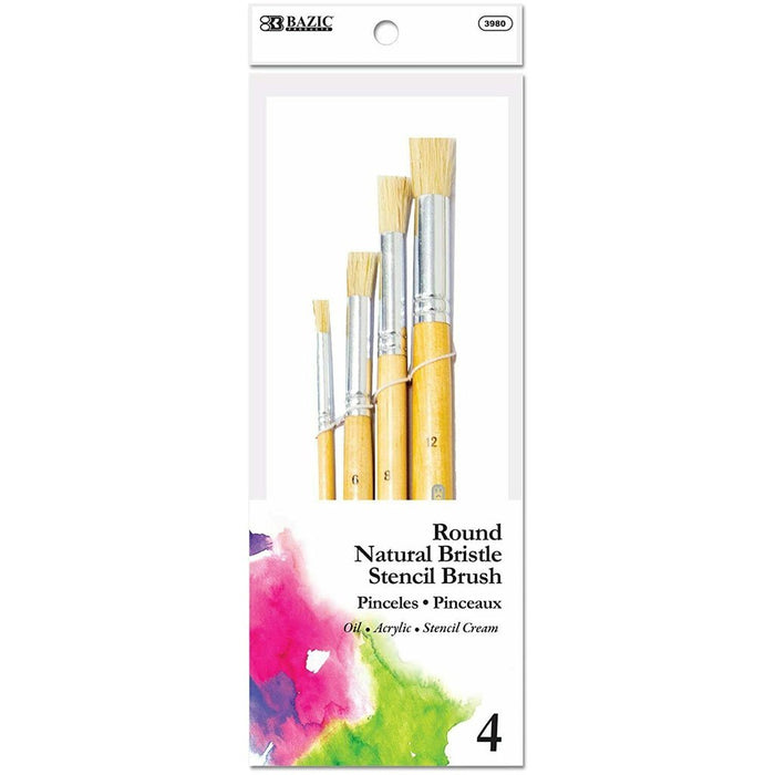 Bazic Paint Stencil Brush Round Natural Bristle Pack of 4