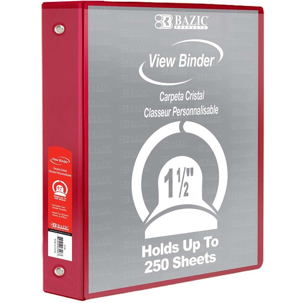 Bazic 3-Ring View Binder with 2 Pockets 1.5in Red