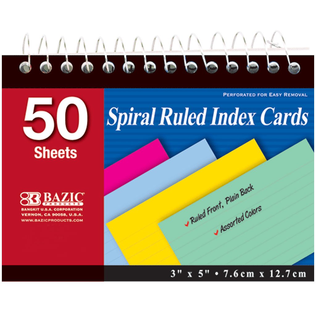 Bazic Spiral Bound Ruled Colored Index Card 3in x 5in 50ct