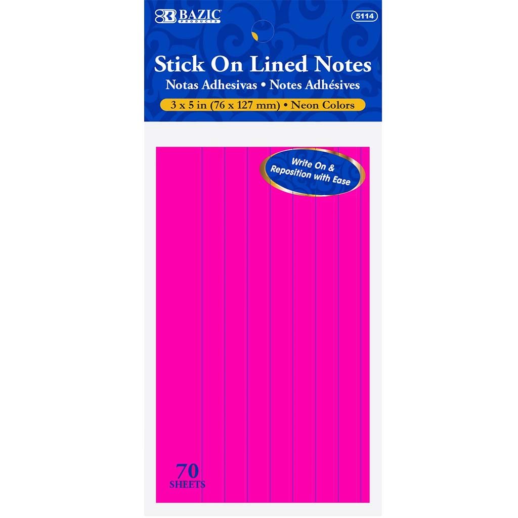 Bazic Lined Stick On Notes Neon 3in x 5in 70ct