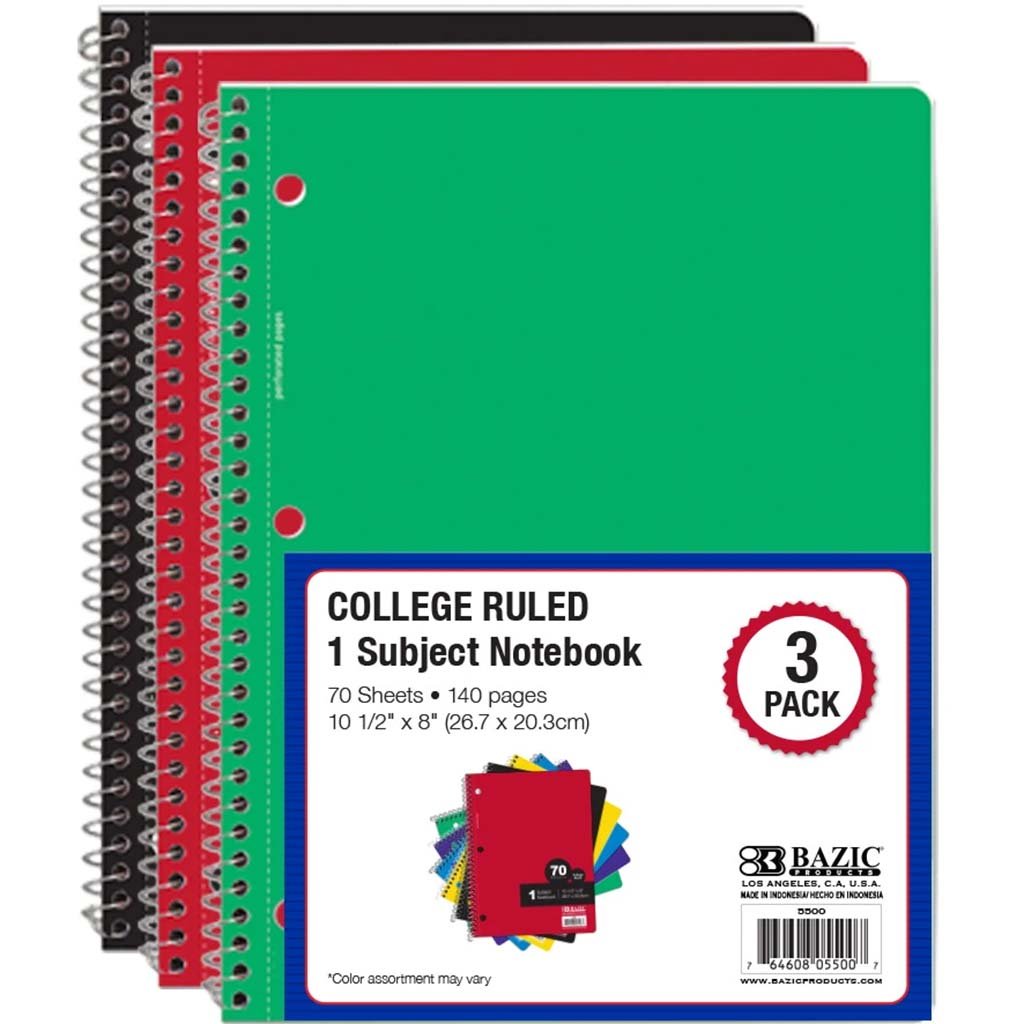 Bazic College Ruled 70Sheets Spiral Notebook Pack of 3