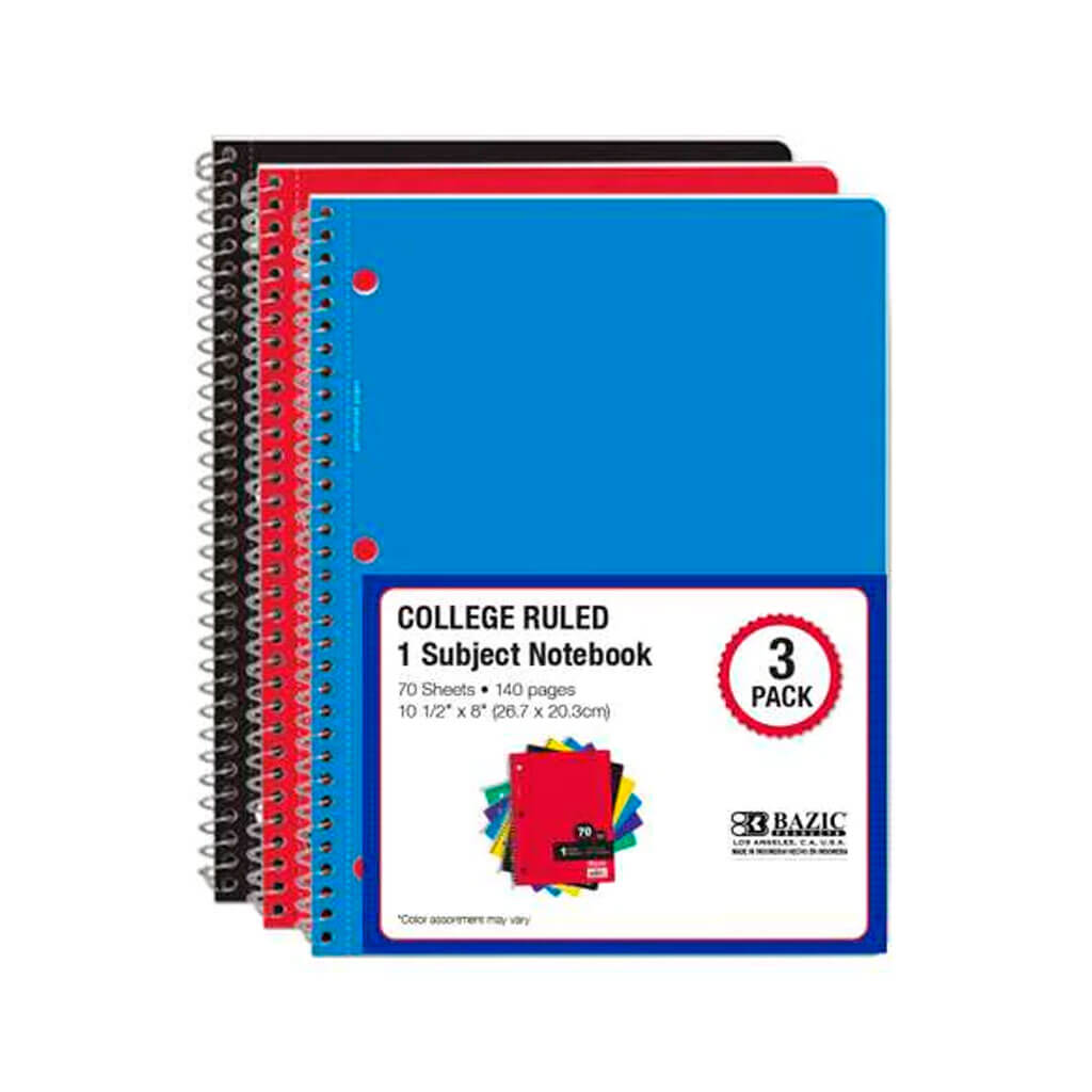 Bazic College Ruled 120 Sheets Spiral Notebook Pack of 3