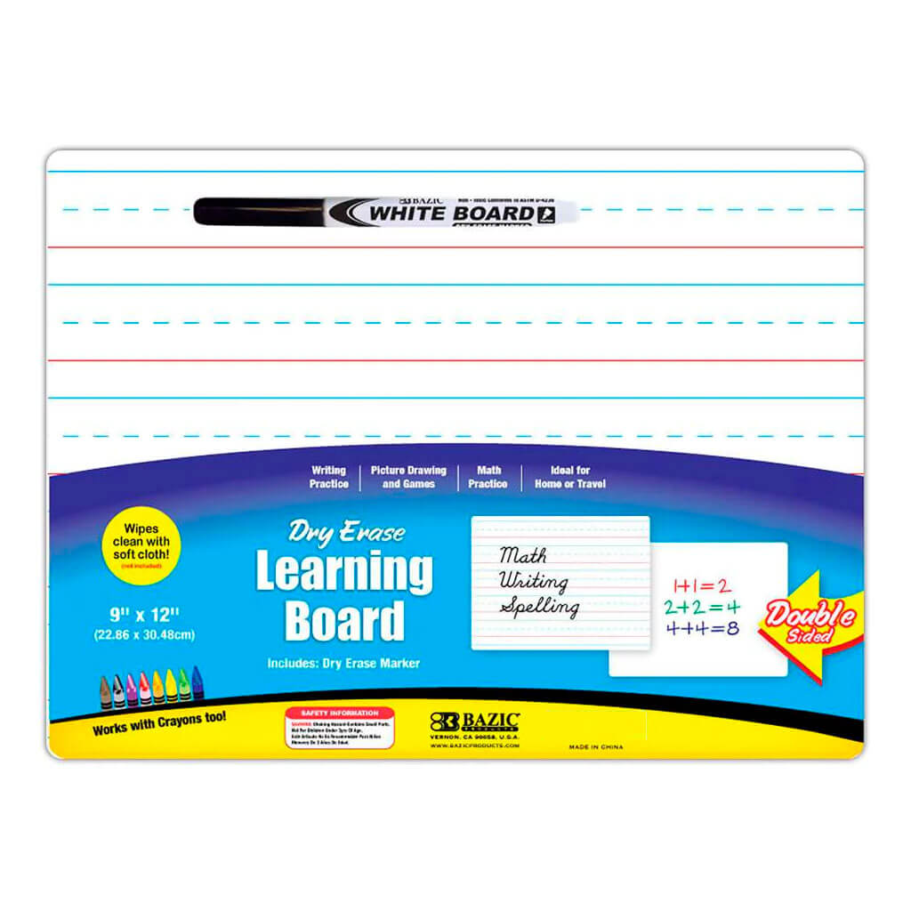 Bazic Double Sided Dry Erase Learning Board with Marker 9in x 12in