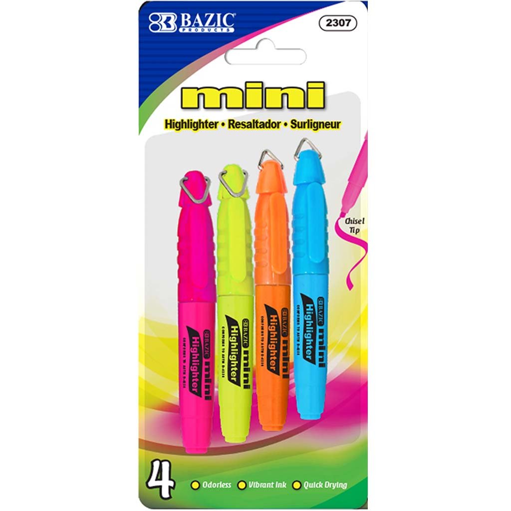 Bazic Mini Fluorescent Highlighter with Cap Clip Pack of 4