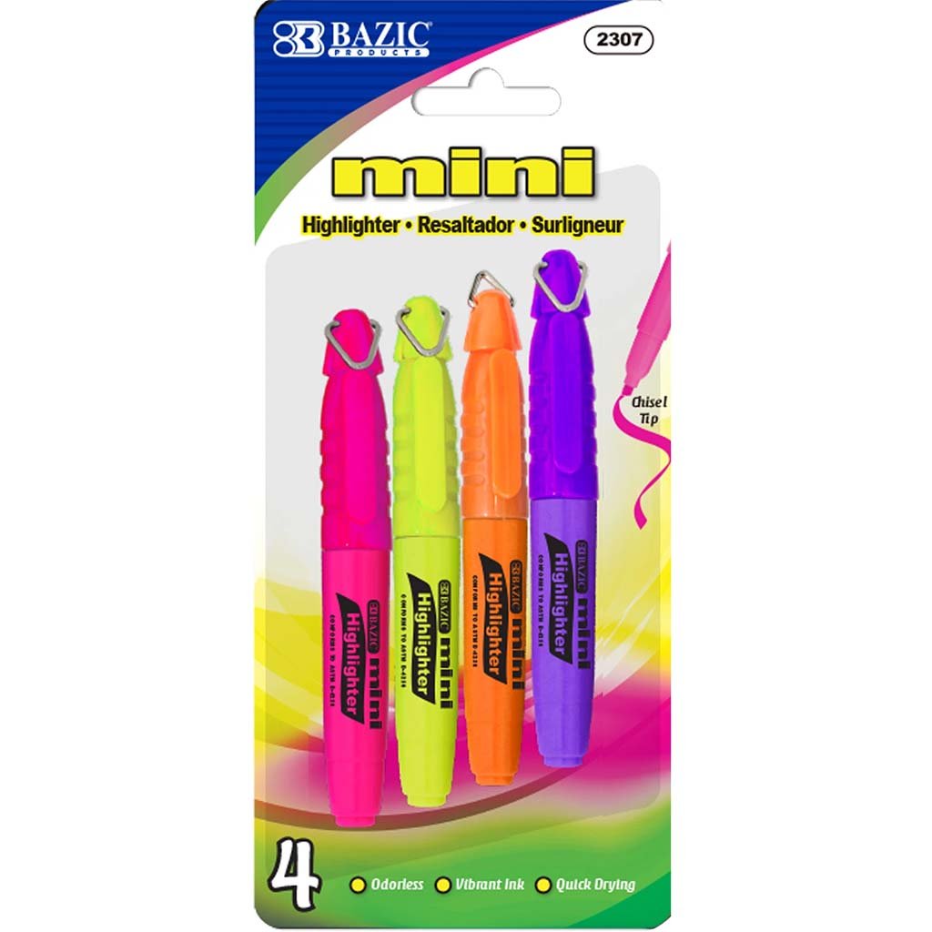 Bazic Mini Fluorescent Highlighter with Cap Clip Pack of 4