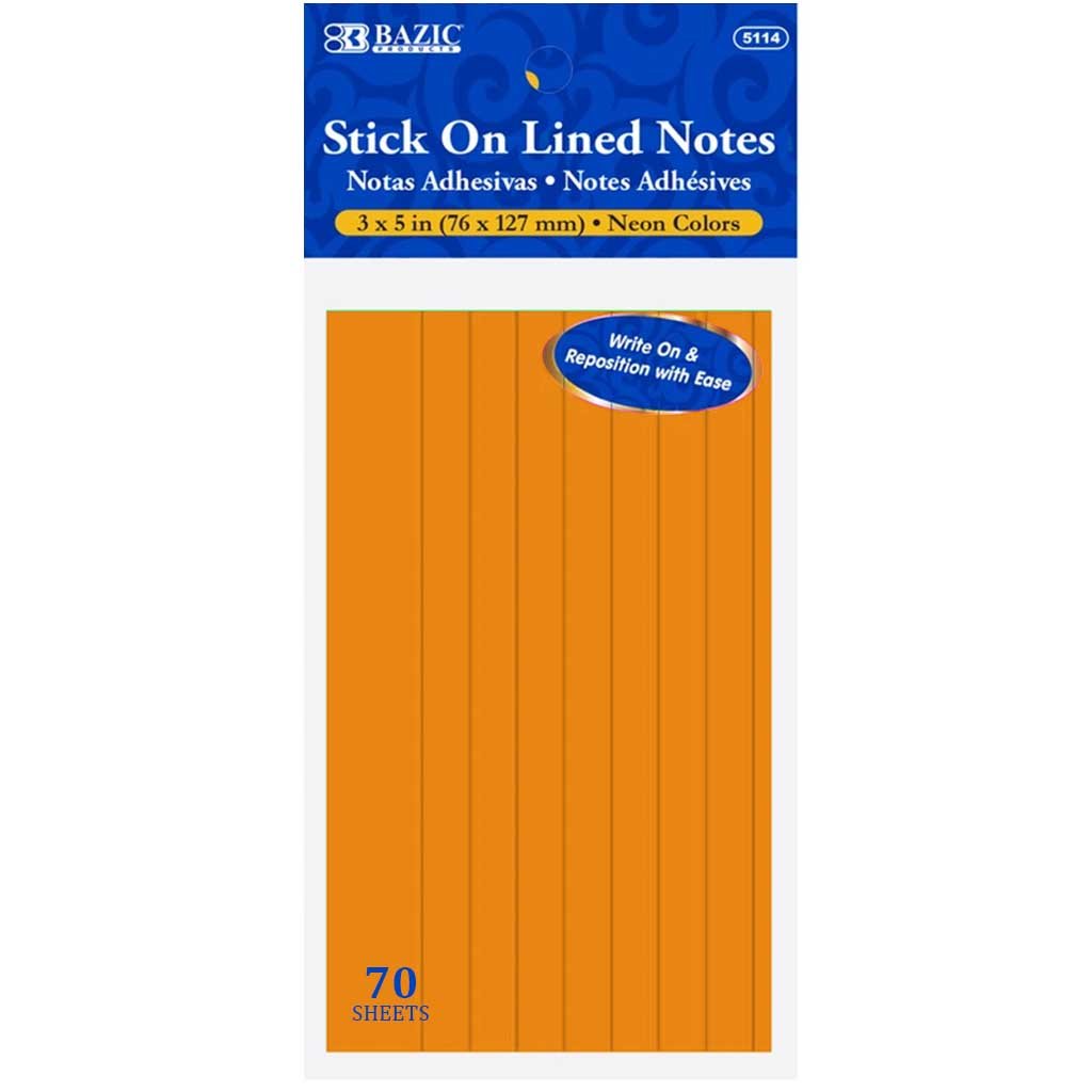 Bazic Lined Stick On Notes Neon 3in x 5in 70ct