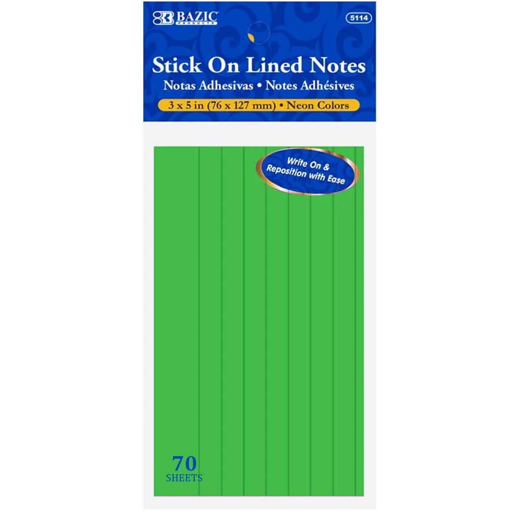 Bazic Lined Stick On Notes Neon 3in x 5in 70ct