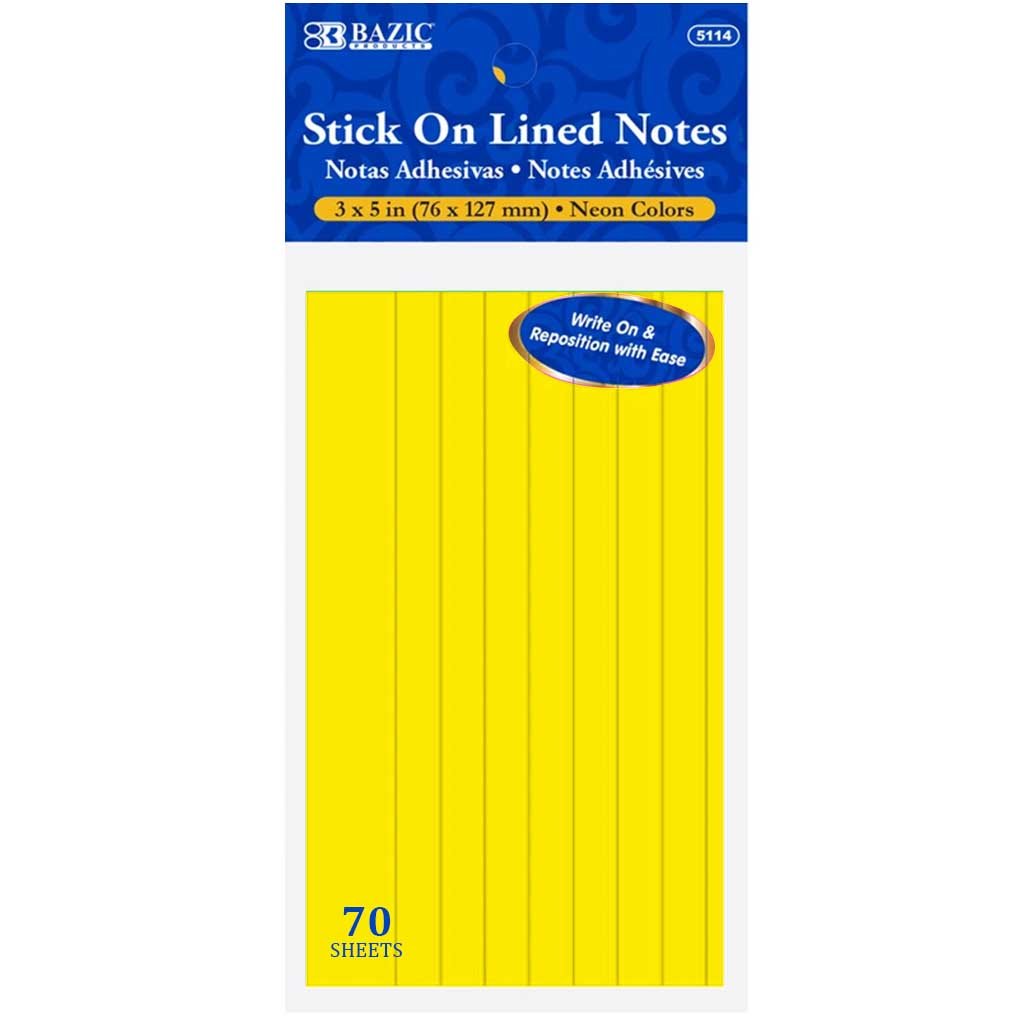 Bazic Lined Stick On Notes Neon 3in x 5in 70ct