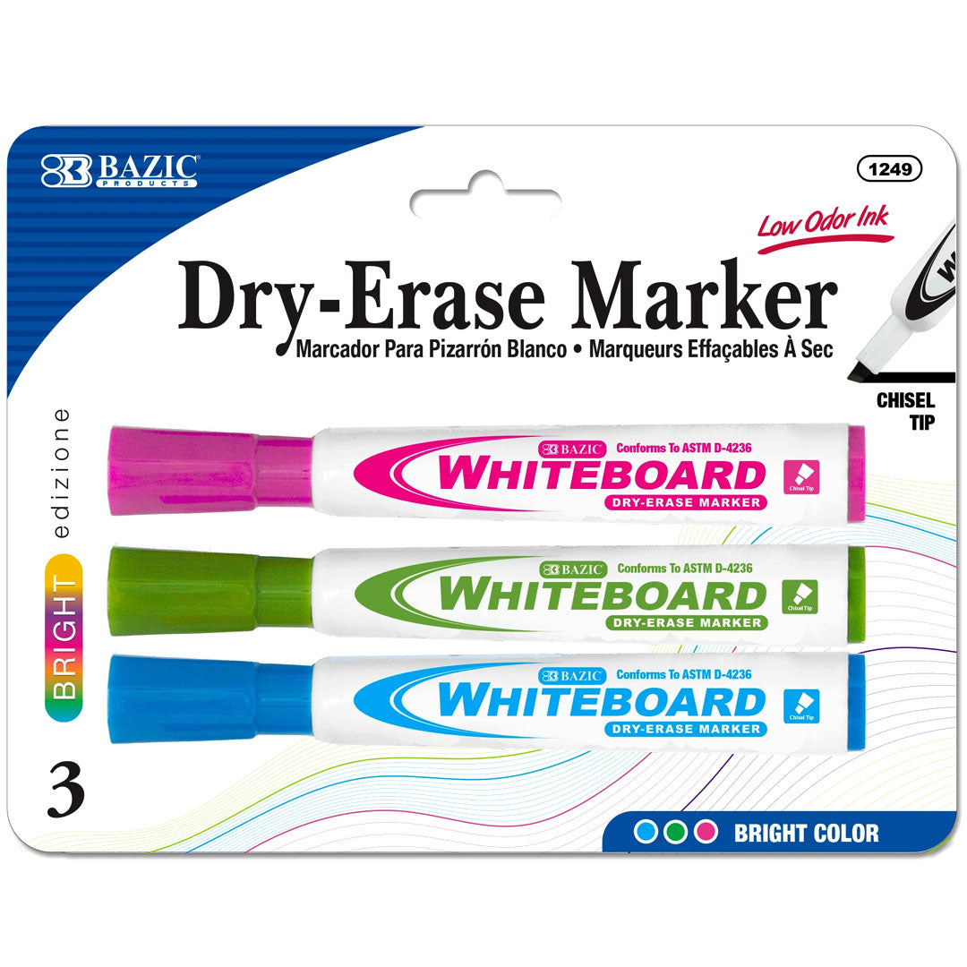 Bazic Chisel Tip Bright Color Dry-Erase Markers Pack of 3