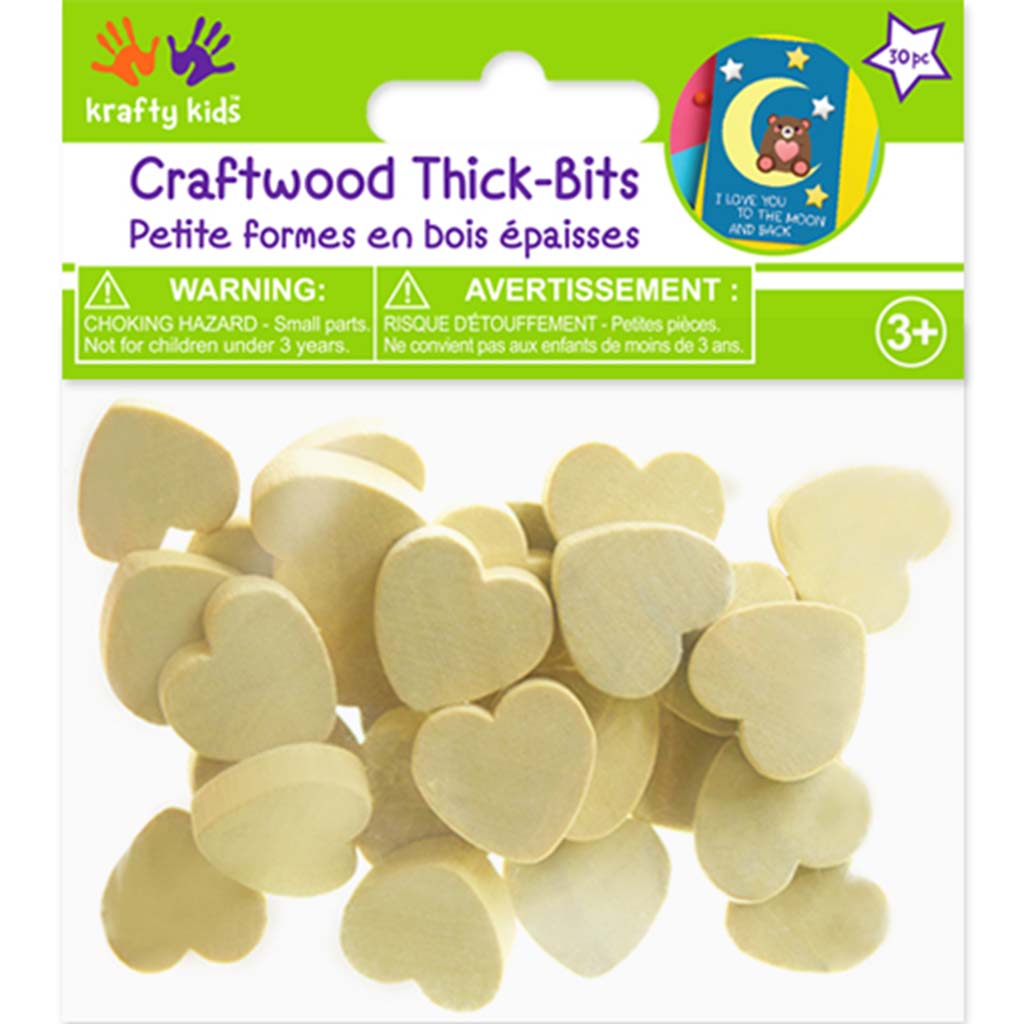 Wooden Thick Bits 30pc 6mm Hearts Natural