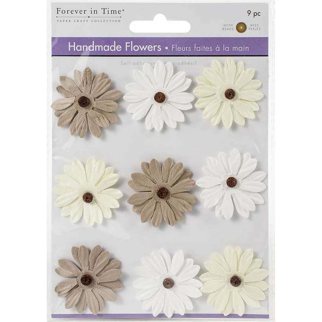 Handmade Paper Flowers 9pcs 34mm Neutral with Bead Calyx