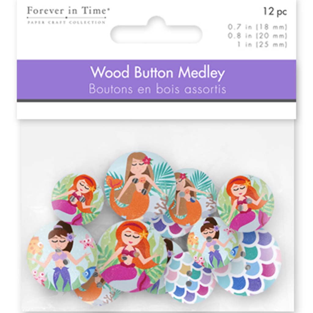 Patterned Wood Button Medley Mermaid Assorted 18/20/25mm