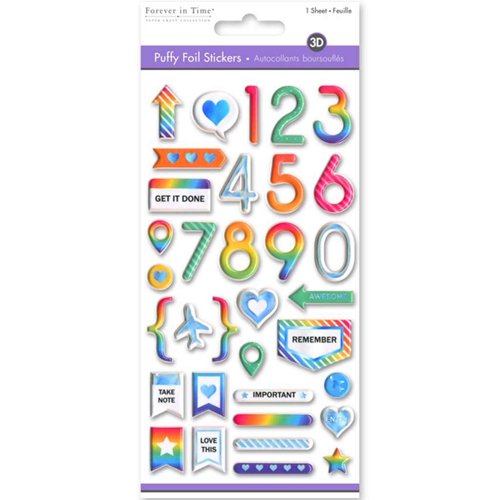 Paper Craft Sticker 3D Puffy Foil 10cm x 21.4cm Rainbow Symbols