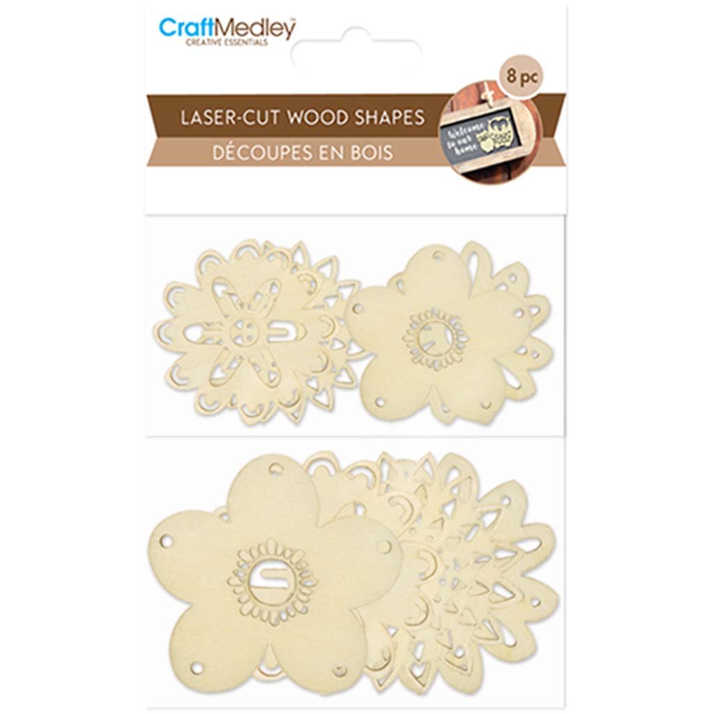 Wood Craft Laser-Cut Wood Shapes X8 Flowers