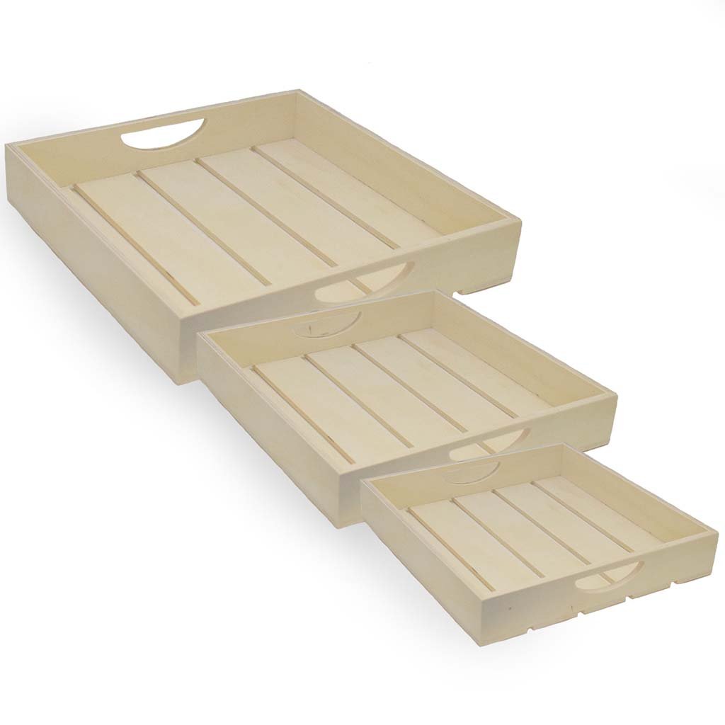 Wood Craft DIY Slat Wood Trays Set 3 Natural