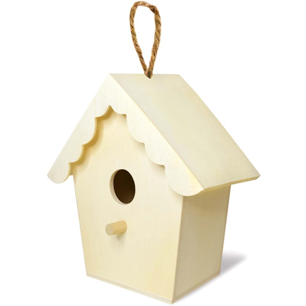 Wood Craft Birdhouse with Jute Hanger 6in-6.5in Scallop Roof