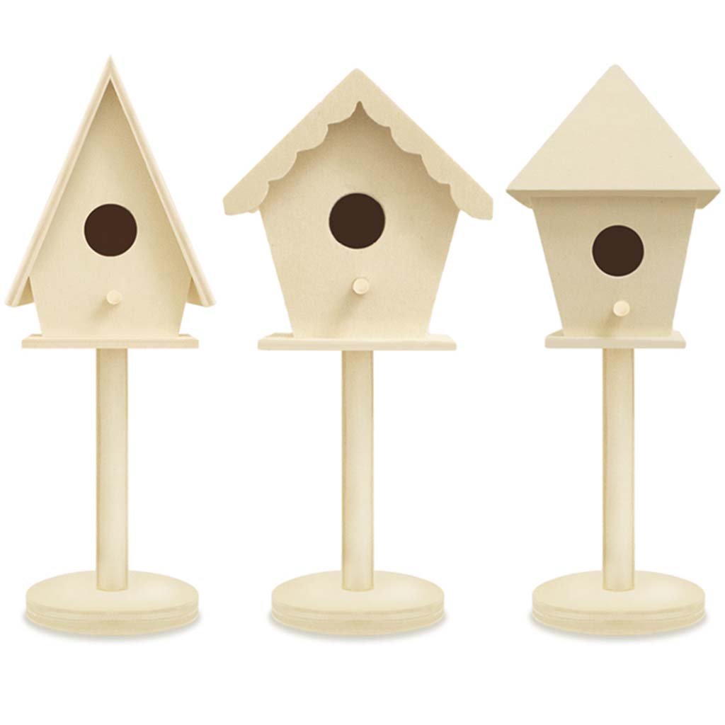 Wood Craft Birdhouse On Stand with Base 8in Triangle