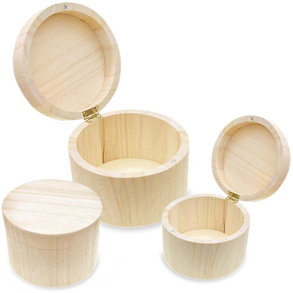 Wood Craft Round Keepsake Box Set/3 Magnetic Closure + Gold Hinge