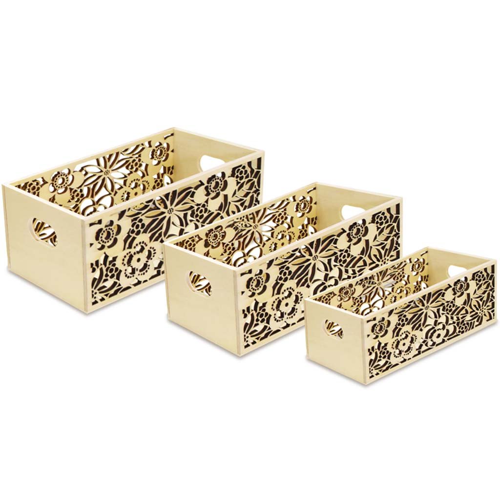 Wood Craft Box Caddy Set Laser-Cut Set of 3 Floralmania