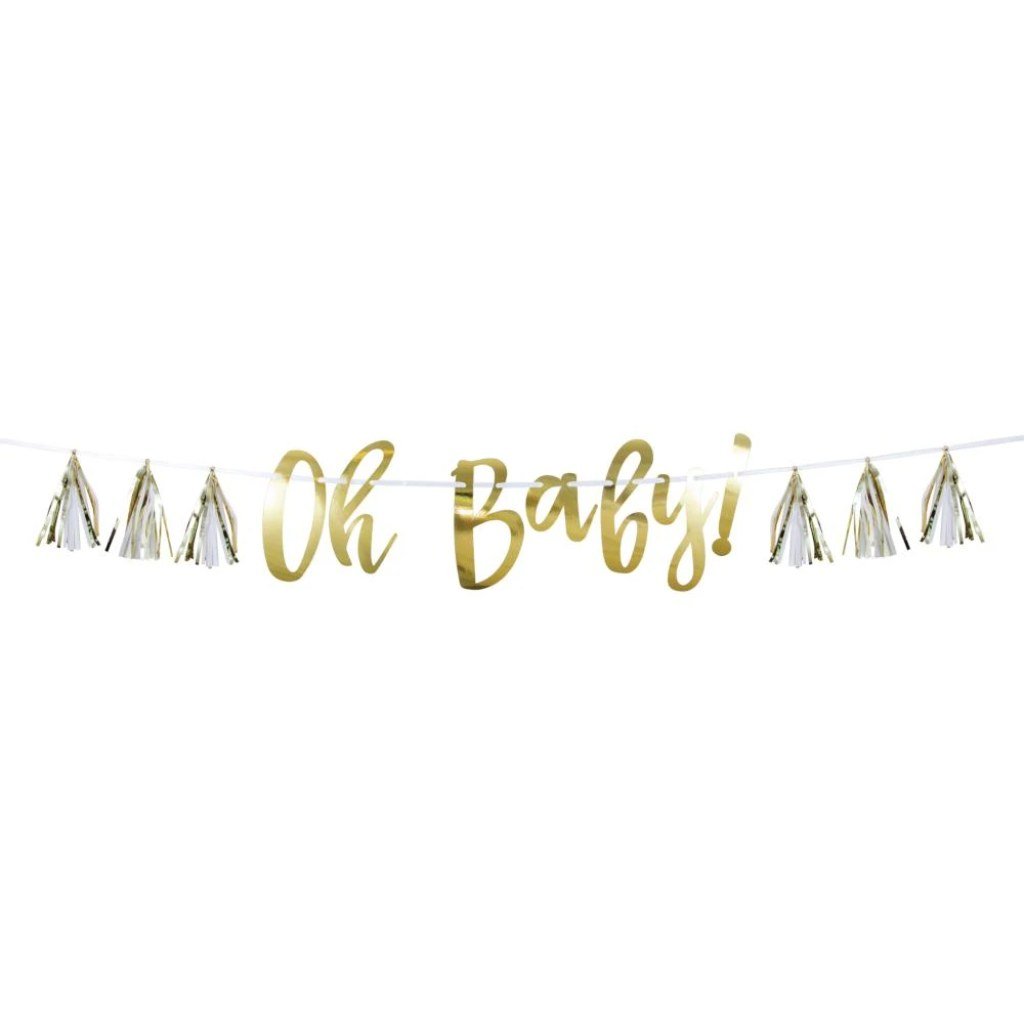 White and Gold OH Baby Tassel Banner