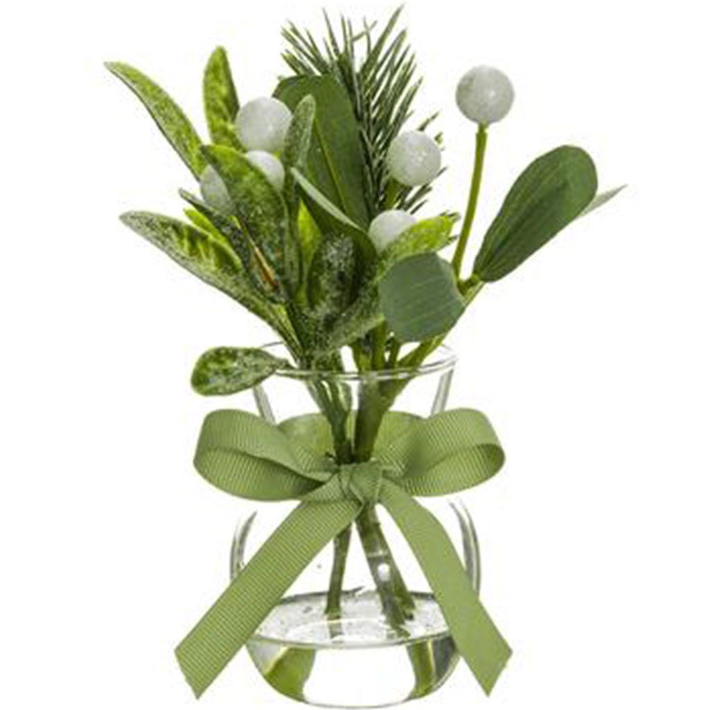 Iced Mistletoe/Pine in Glass Vase Green White, 6.5in