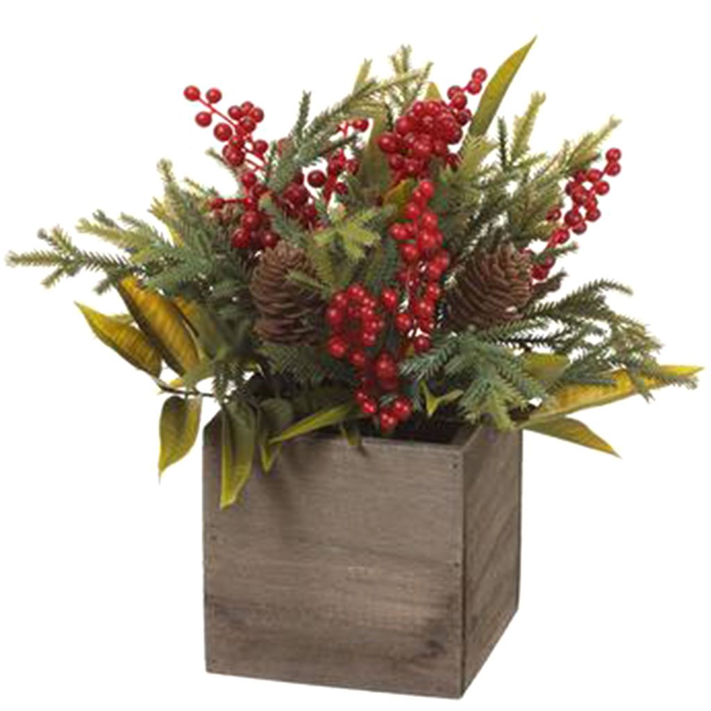 Berry/Pine Cone/Pine in Wood Box Red Green, 12in