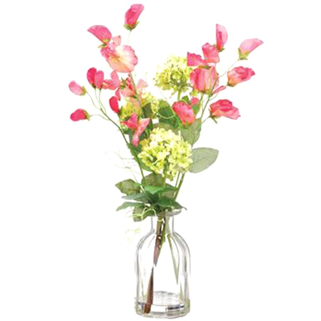 Sweet Pea/Snowball in Glass Vase Green Pink, 15in