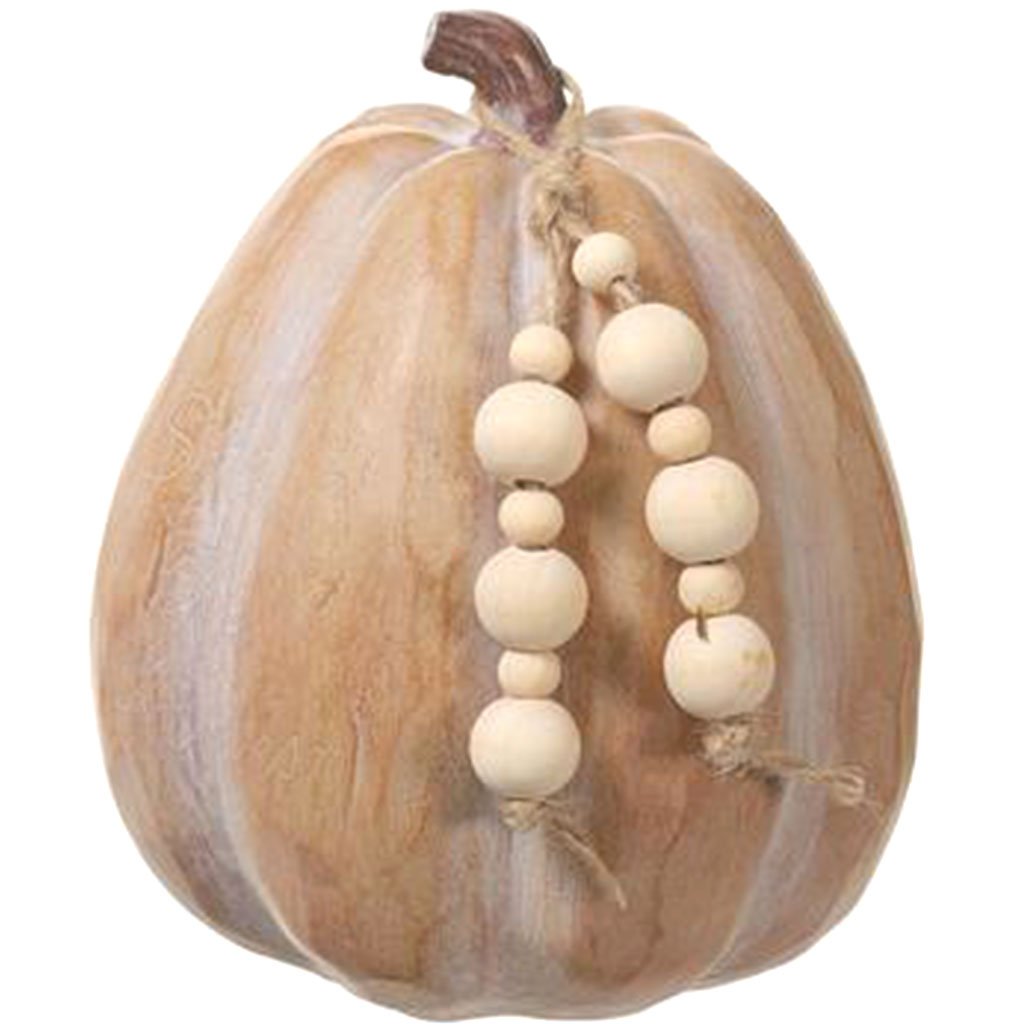 Pumpkin With Tassel Beige Whitewashed, 5.25in H x 4.4in D