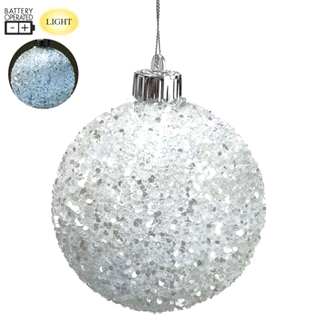 Battery Operated Glittered Glass Ball Ornament With Light Clear Silver, 4in