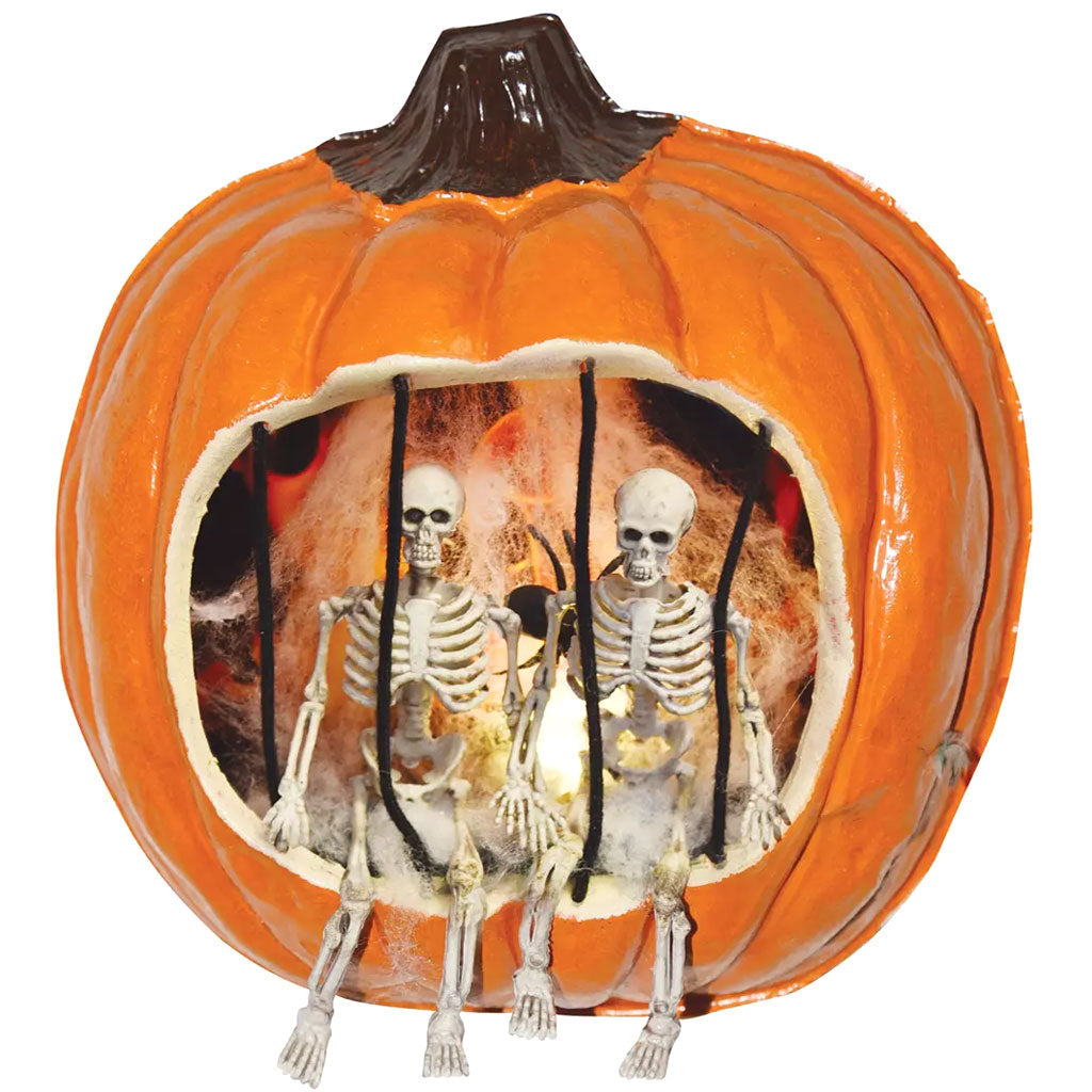 Pumpkin With Skeleton Scene LED Light Up Decor, 9in