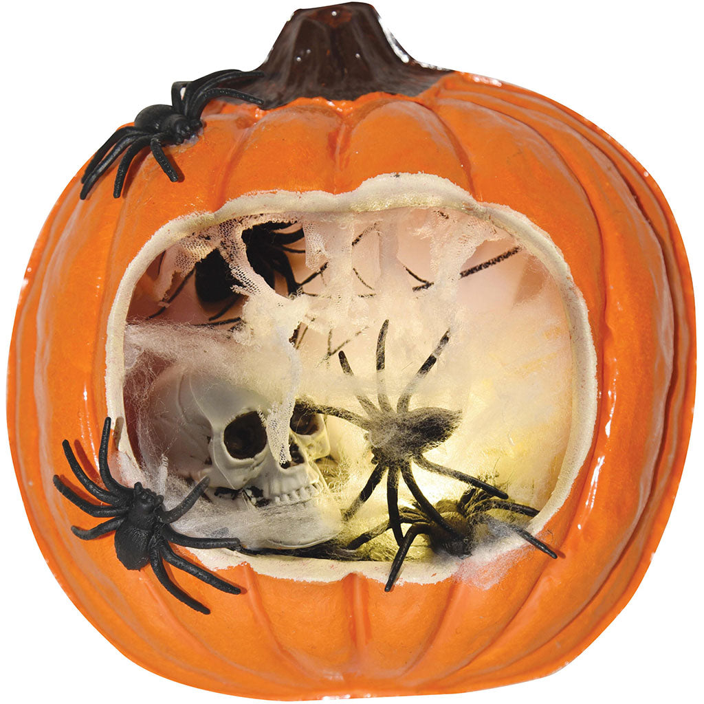 Pumpkin Scene with Light Spider &amp; Skull, 9in