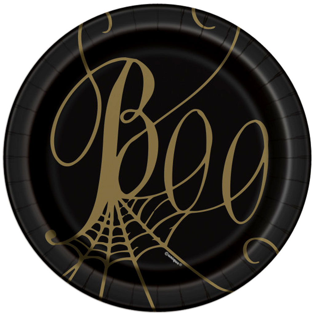 Black &amp; Gold Spider Web Round Dessert Plates 7in, 8ct