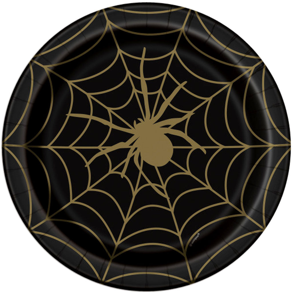 Black &amp; Gold Spider Web Round Dinner Plates 9in, 8ct