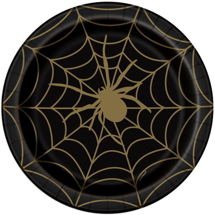 Black & Gold Spider Web Round Dinner Plates 9in, 8ct